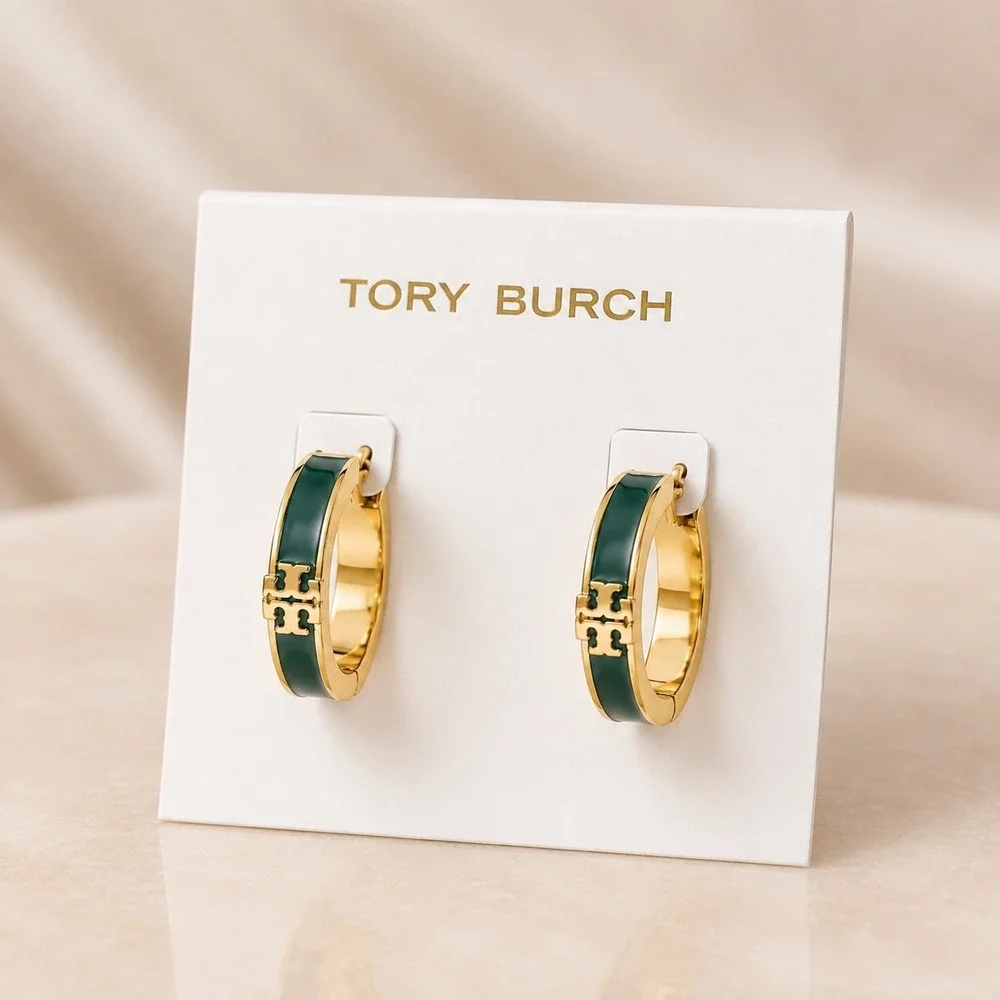 NWT Tory Burch Icon Huggie Enamel Earrings in Hunter Green / Dustbag Included